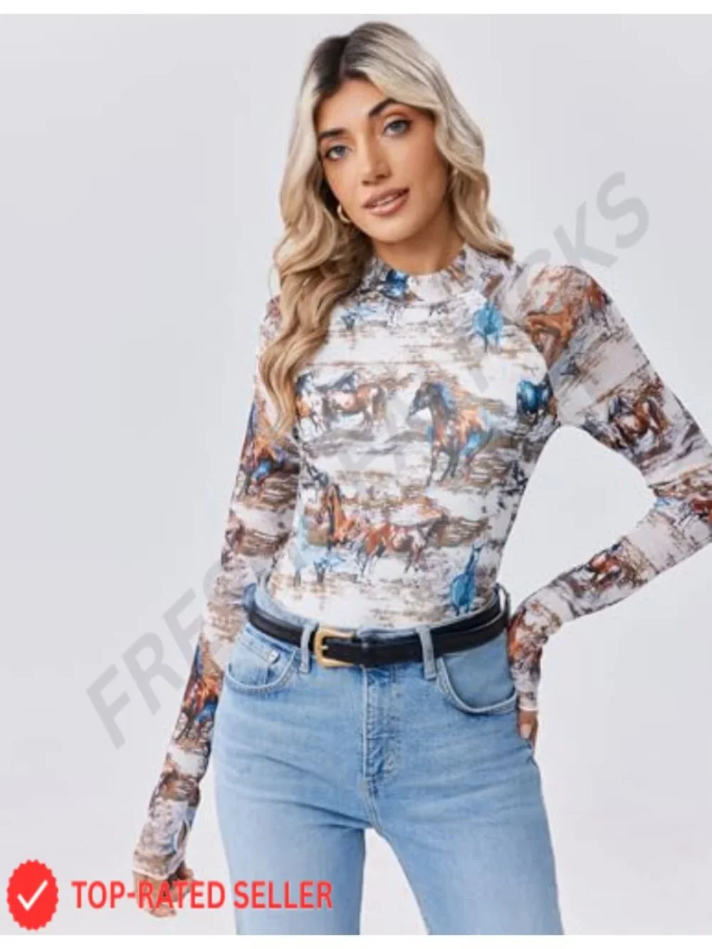 Women's Long Sleeve Floral Mesh Sheer Top Mock Neck Double Lined Fitted Blouse - Picture 3 of 6